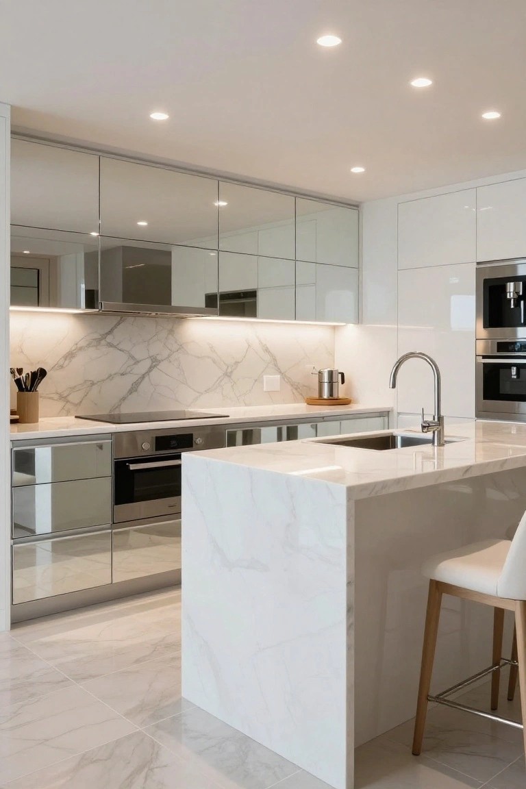 Modern white kitchen with waterfall-edge marble island, mirrored upper cabinets, Calacatta marble backsplash, integrated appliances, and one white bar stool.