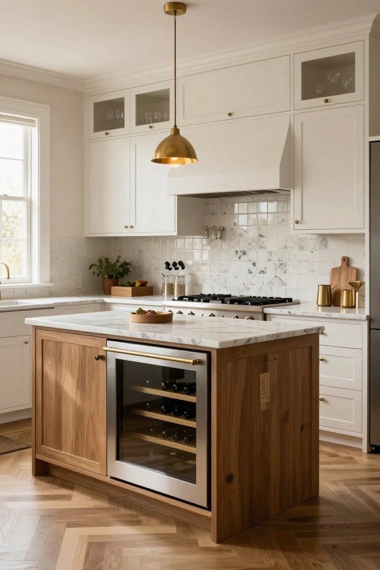 Modern kitchen with white cabinets, marble island, and built-in wine cooler.