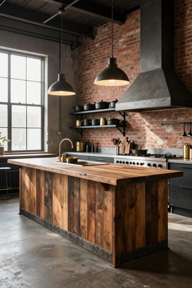 Industrial kitchen with a large central wooden island featuring vertical planks extending down to the floor, black lower cabinets, exposed brick walls, stainless steel range, and hanging black pendant lights.
