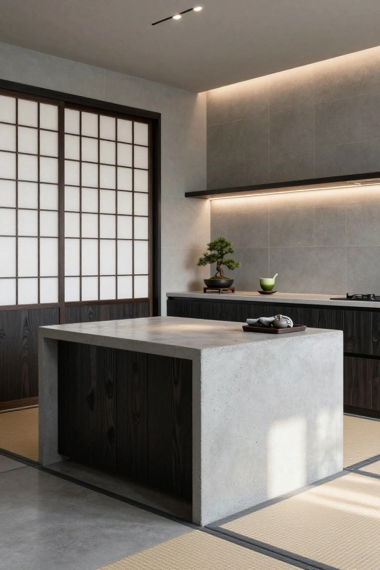 Modern kitchen with gray concrete waterfall island on dark wood base, white shoji screens, bonsai plant on wall shelf, green teacup, and beige tatami mat on concrete floor.