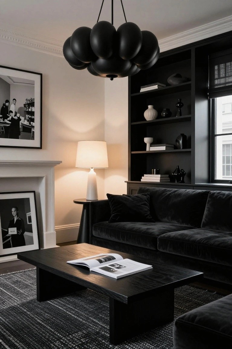 Modern living room with black velvet L-shaped sofa, black wood coffee table holding an open magazine, black bubble pendant light overhead, dark bookshelves, white table lamp, and fireplace with black-and-white framed photos.