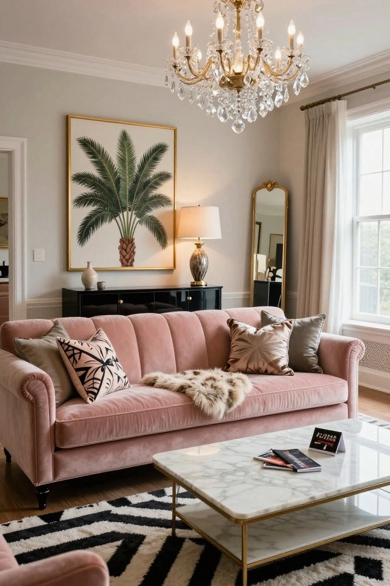 Living room with blush pink velvet tufted sofa topped with patterned pillows and fur throw, black credenza, gold-framed palm leaf artwork, chandelier, lamp, mirror, marble and brass coffee table, and black and white striped rug.