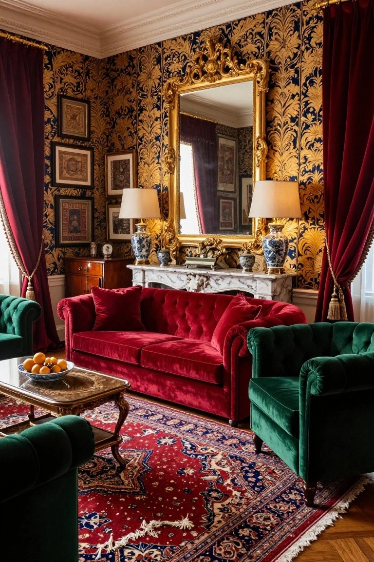 Living room with red velvet tufted sofa flanked by green velvet armchairs on red Persian rug, gold mirror over marble fireplace with blue and white porcelain vases, gold and navy floral wallpaper, lamps, and wood floor.
