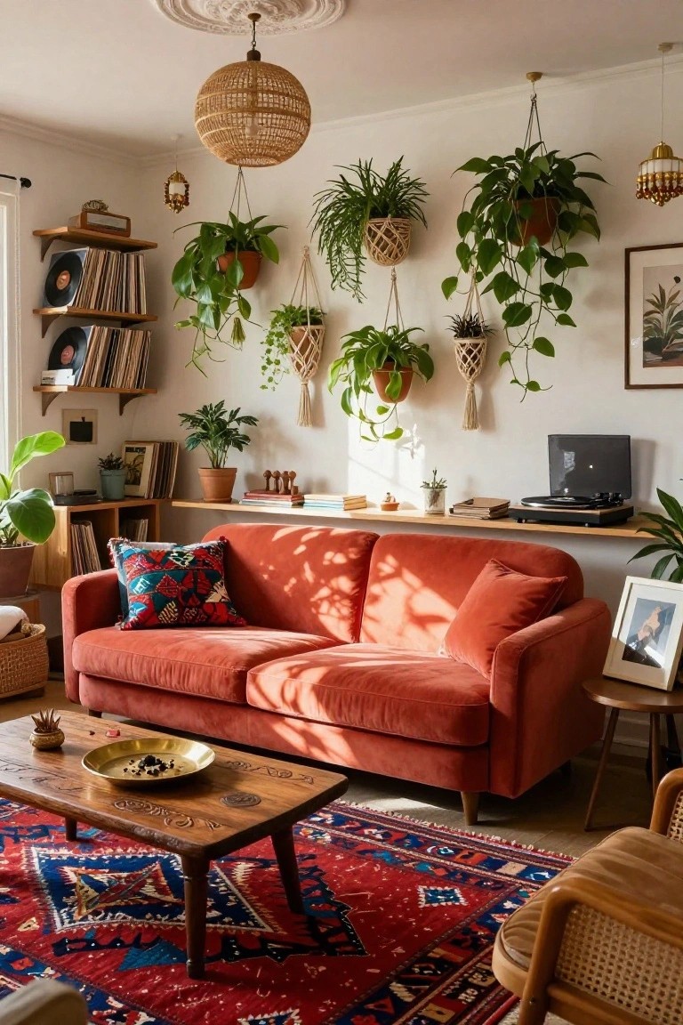 A sunlit living room with a burnt orange velvet sofa, hanging and potted plants, vinyl record shelves, a black turntable, wooden coffee table, and red patterned rug.