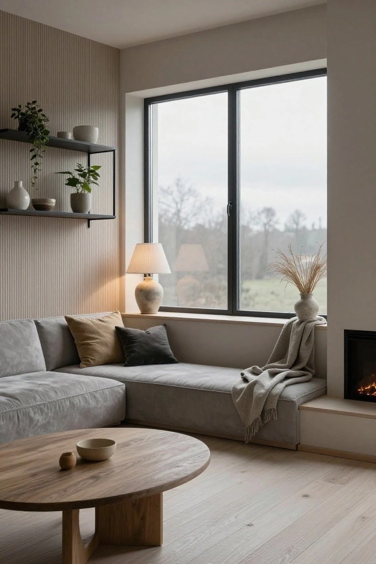 Light gray L-shaped velvet sofa in a minimalist living room with beige vertical wall slats, black-framed window overlooking trees, wooden coffee table, potted plants on black metal shelves, table lamp, fireplace, and light oak floors.