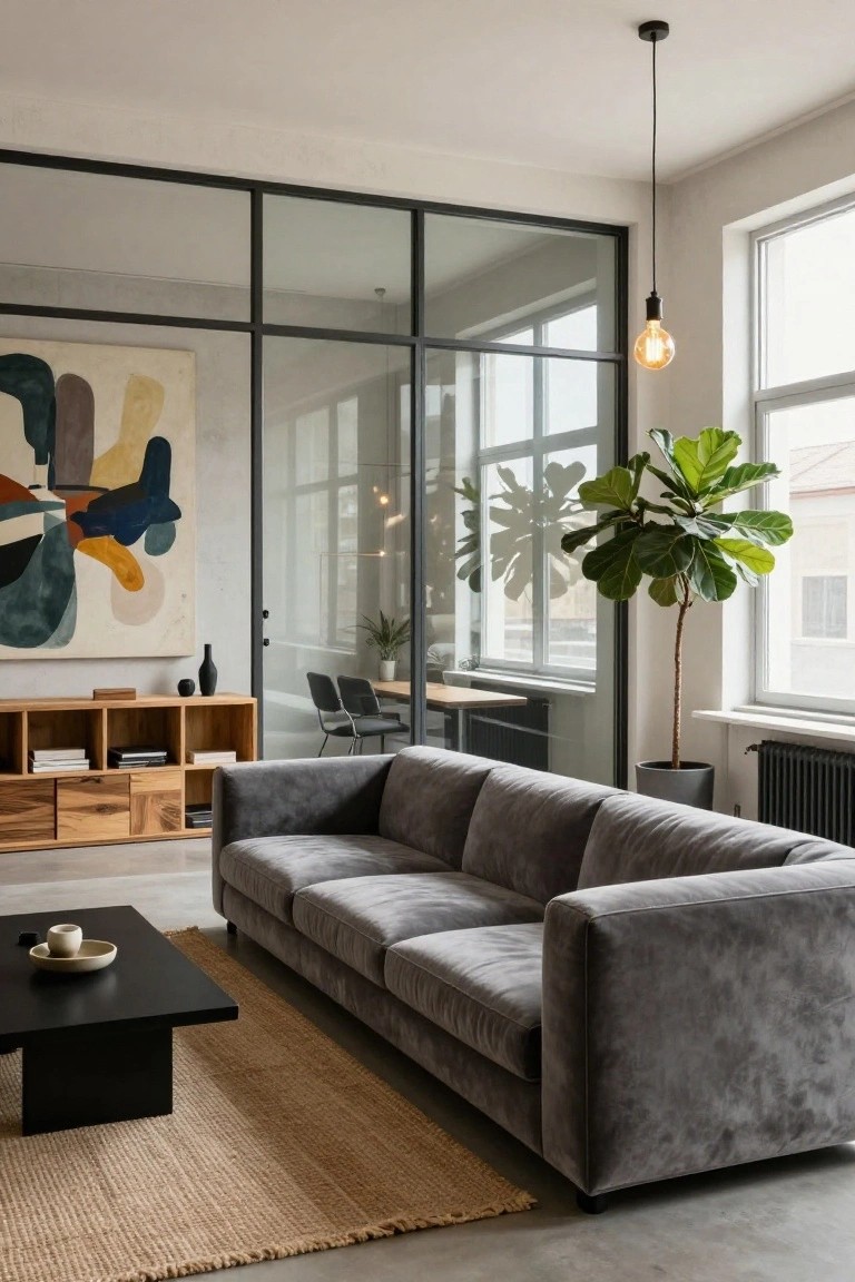 Modern living room with large gray velvet sofa, black coffee table on beige seagrass rug, wooden shelving unit, tall potted plant near window, abstract painting on wall, and glass partition walls.