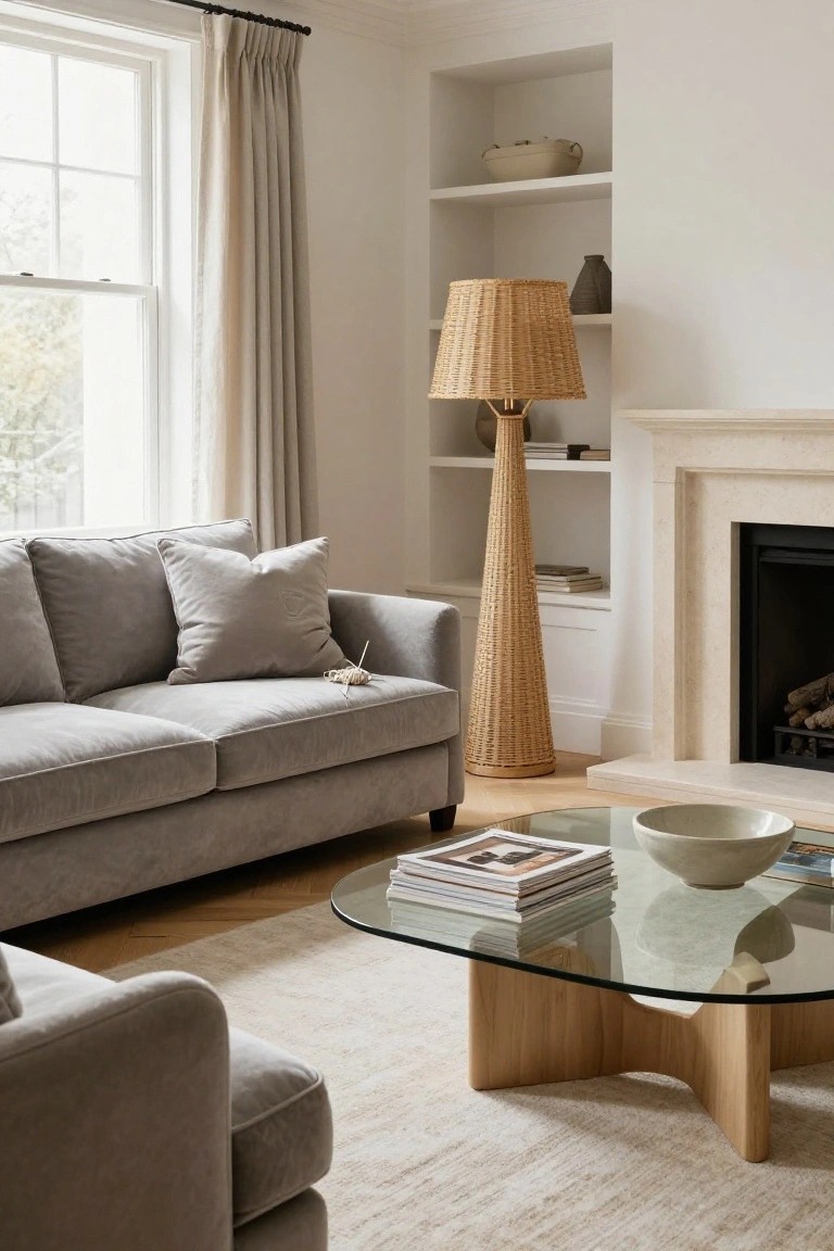 A light living room with a plush gray sofa, glass-topped wooden coffee table, tall woven floor lamp, and limestone fireplace against white walls.