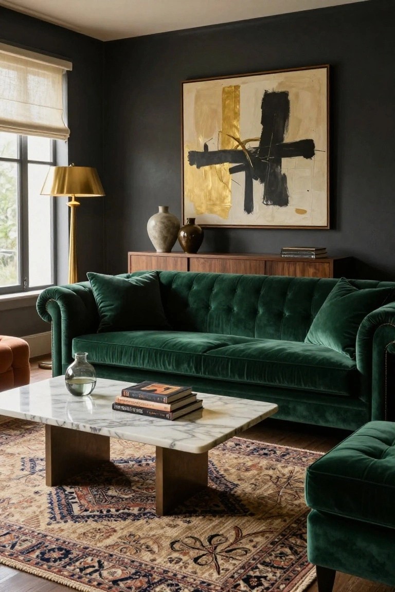 A living room with dark walls, emerald green velvet tufted Chesterfield sofa and ottoman, white marble coffee table on a Persian rug, walnut credenza with vases, gold floor lamp, and large abstract painting above.