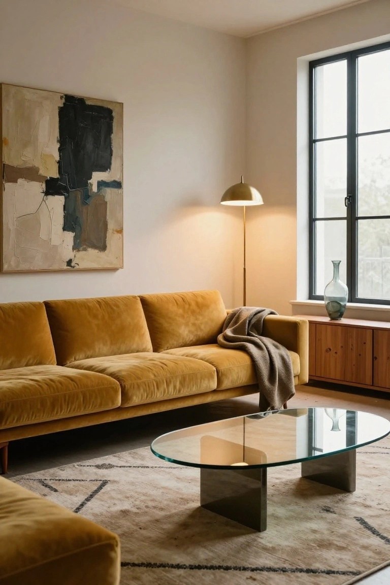 Modern living room with mustard-colored velvet three-seater sofa, oval glass coffee table on patterned rug, gold arc floor lamp, large abstract painting on wall, wooden sideboard with vase near black-framed window.