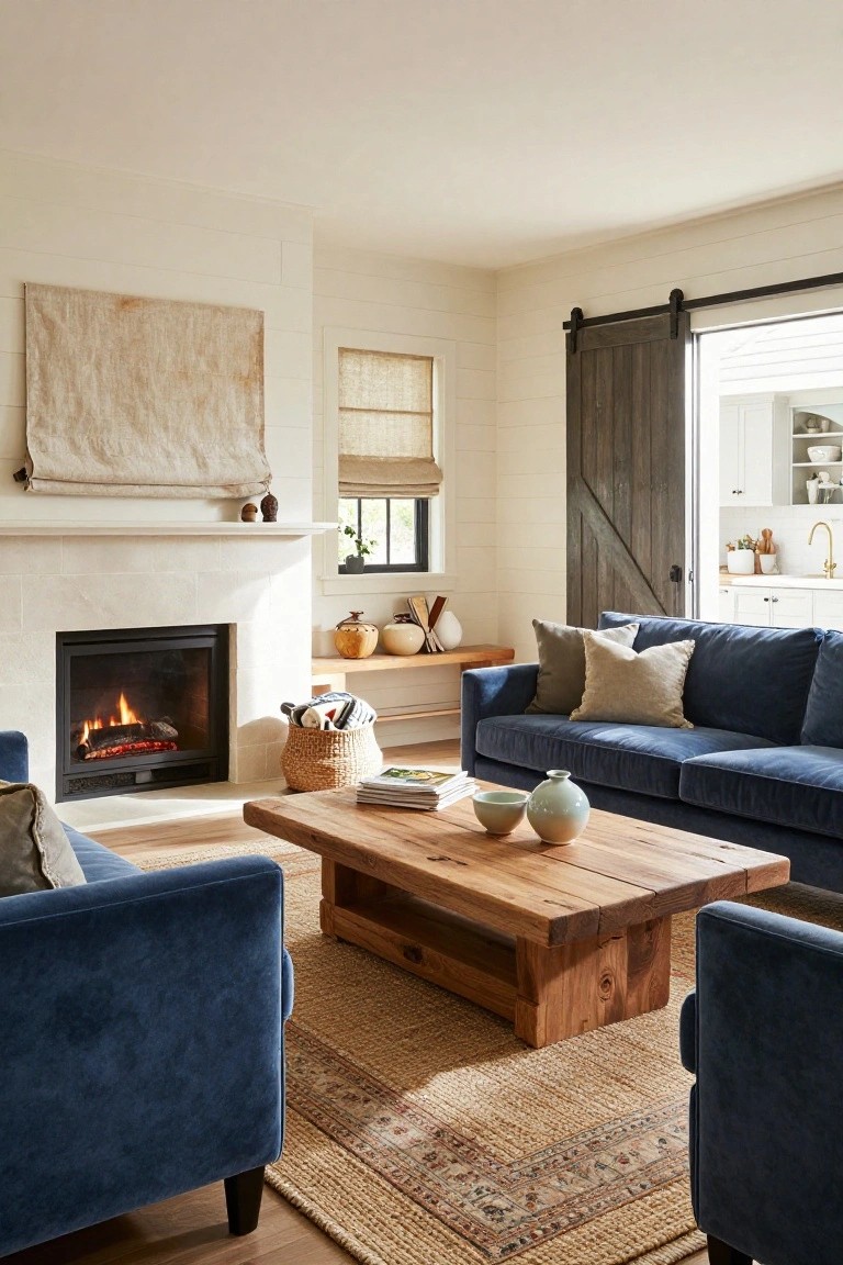 Living room with two navy blue velvet sofas arranged around a rustic wooden coffee table in front of a white stone fireplace, neutral walls, beige rug, and open barn door to kitchen.
