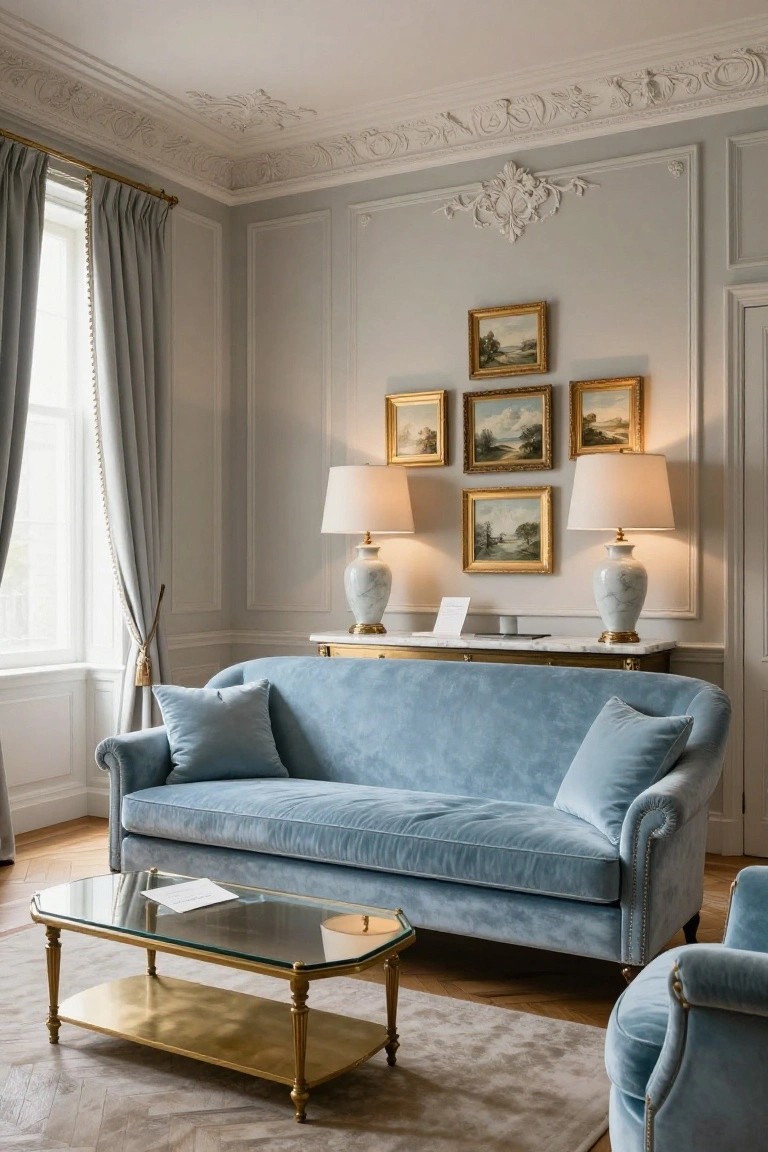 Pale gray paneled living room with curved blue velvet sofa and armchair, gold glass coffee table, marble console table topped with lamps and gold-framed landscape paintings.