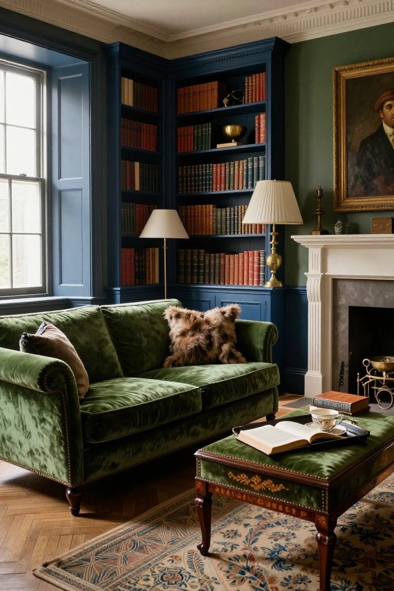 A living room corner with navy built-in bookshelves filled with books, a green velvet sofa with fur throw and cushions, matching green velvet ottoman holding a book and teacup, brass lamps, white fireplace, and parquet wood floor.