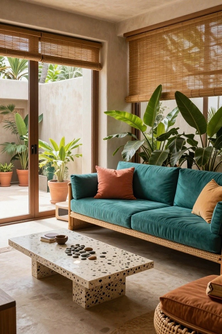A teal velvet three-seater sofa with orange and peach pillows sits in a light beige living room with sliding wooden doors open to a tropical courtyard garden, surrounded by potted palms and banana plants, low rattan-edged coffee table with pebbles on top.