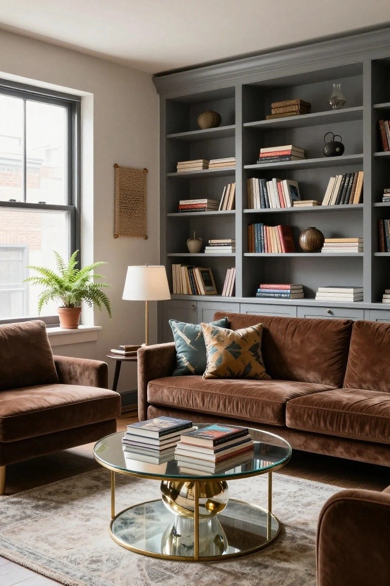 Living room with gray built-in bookshelves filled with books and ceramics, brown velvet L-shaped sofa and armchairs arranged around a gold-based glass coffee table on a patterned rug, potted fern plant near a window.