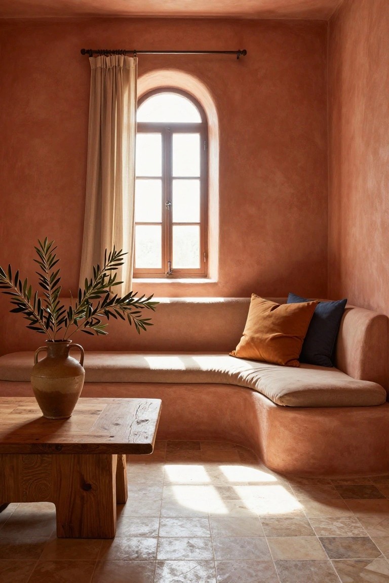 Curved built-in beige sofa with orange and navy cushions against terracotta walls, wooden low table, terracotta vase holding olive branches, arched window with beige curtains, and terracotta tile floor in a sunlit room.