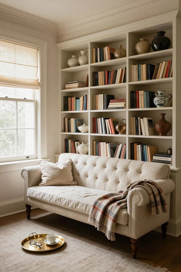 A cream button-tufted loveseat sofa with pillows and a plaid throw sits in front of tall white built-in bookshelves filled with books and pottery, beside a large window with sheer curtains, and a brass tray holding a teacup and glasses on the beige rug.