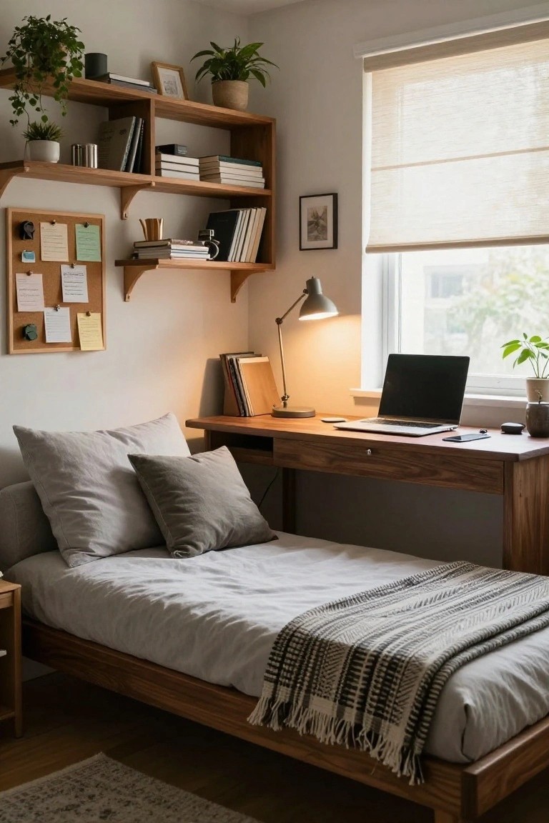 A cozy small bedroom with a low wooden platform bed covered in gray sheets, pillows, and a striped throw, next to an integrated wooden desk holding a laptop, books, and desk lamp, wooden floating shelves with plants and books above, corkboard on wall, and window with beige blinds.