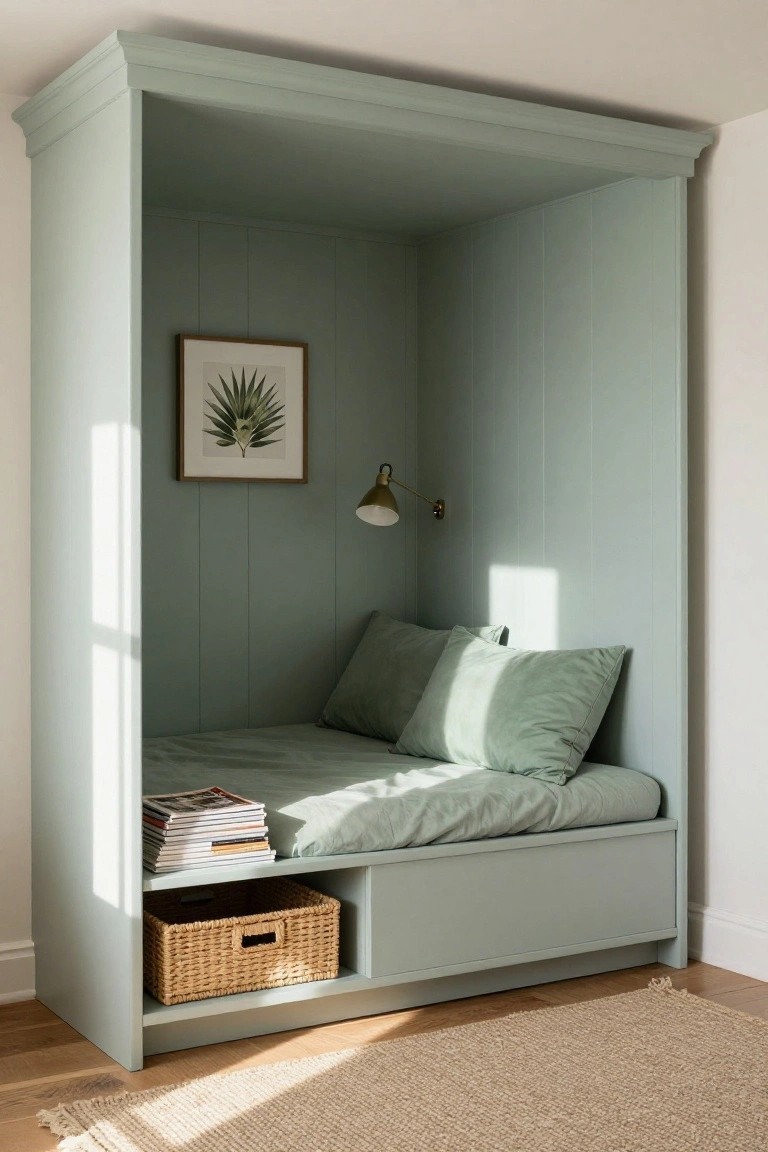 Sage green painted built-in wooden alcove with a cushioned daybed, green pillows and duvet, stacked books, framed leaf art, wall lamp, and woven basket in the base drawer, on oak flooring with a beige rug.