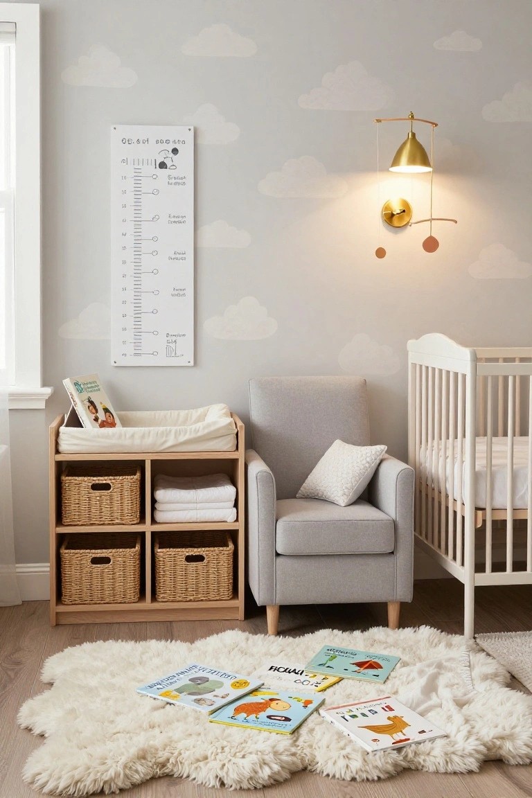 Nursery room with light gray walls, white crib, gray armchair with white pillow, wooden changing table with wicker baskets and towels, height chart on wall, gold wall lamp, and scattered children's books on white shag rug.