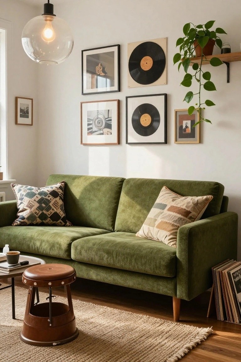 Green velvet two-seater sofa with patterned pillows on a white wall with framed photos, vinyl records, and a potted trailing plant, next to a brown leather stool table holding books and a coffee mug, on a jute rug over wood floors.
