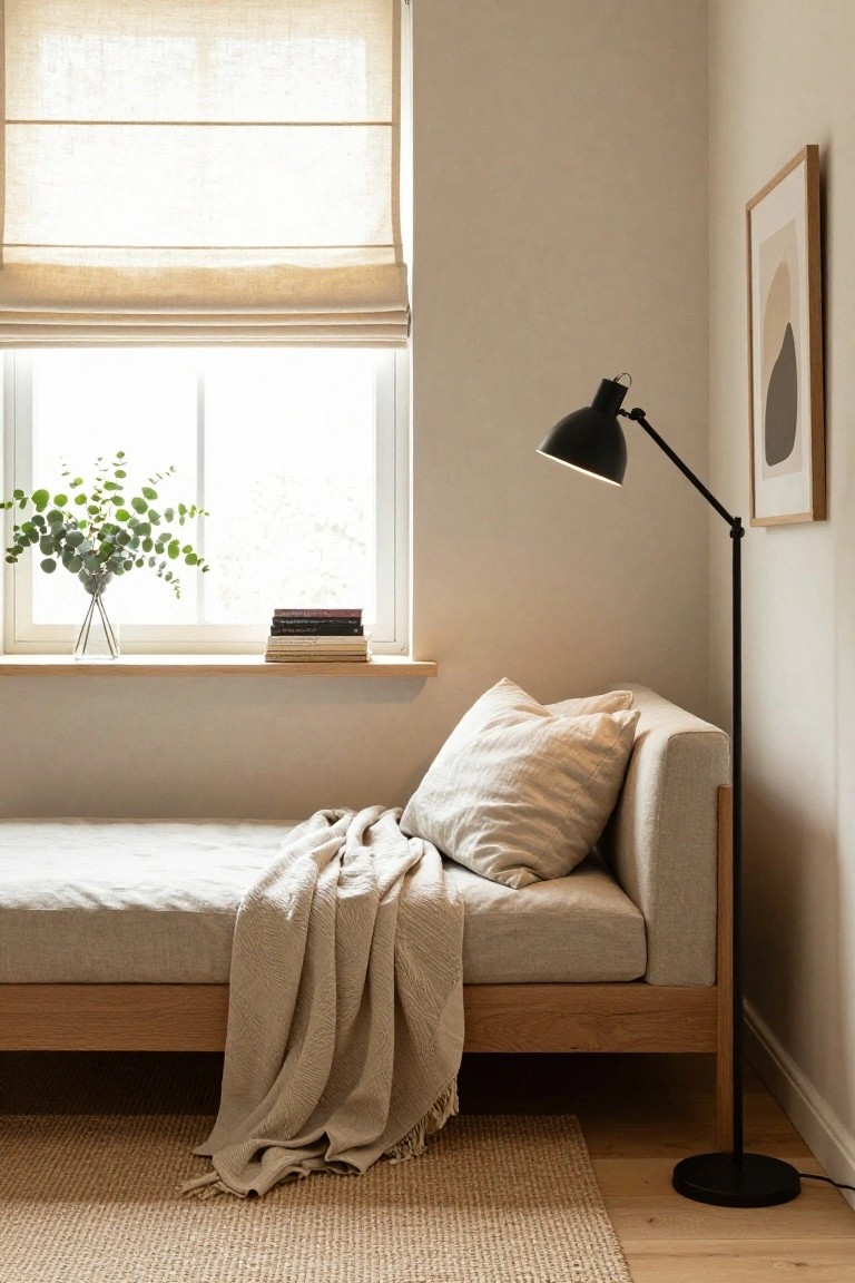 Light beige bedroom interior with a low wooden daybed sofa draped in a cream throw and pillows, window sill holding stacked books and eucalyptus in a vase, black floor lamp, and abstract beige wall art.