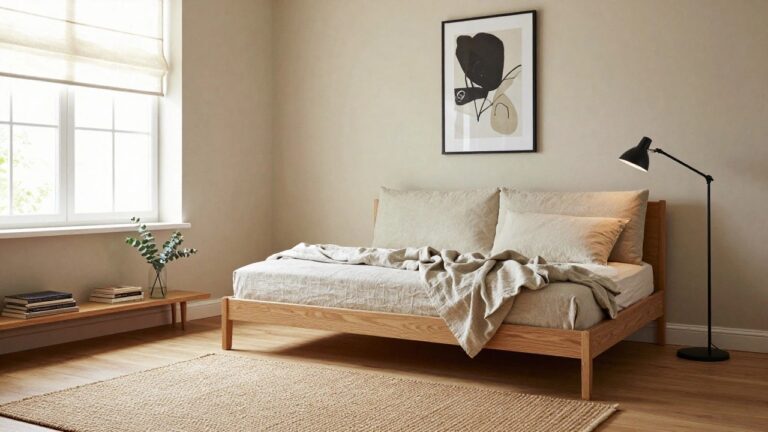 Light beige bedroom interior with a low wooden daybed sofa draped in a cream throw and pillows, window sill holding stacked books and eucalyptus in a vase, black floor lamp, and abstract beige wall art.