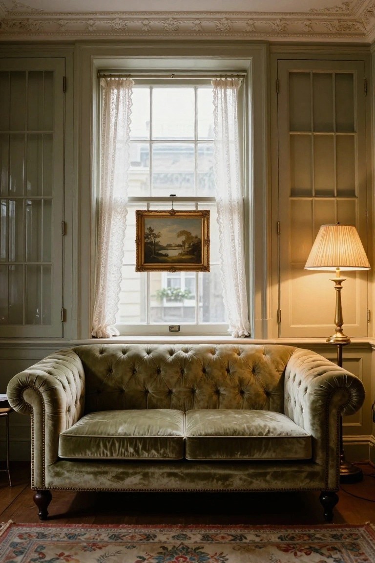 Green velvet tufted Chesterfield sofa positioned in front of a window with lace curtains, flanked by glass-door cabinets, with a brass lamp, small landscape painting, and patterned rug on wooden floor.