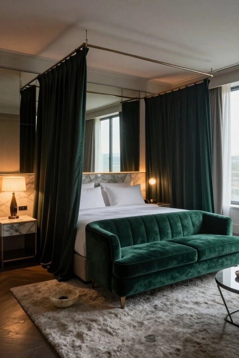 Bedroom with emerald green velvet tufted sofa at the foot of a white bed under green drapes on a gold frame, marble nightstand with lamp, glass table, and windows with city view.