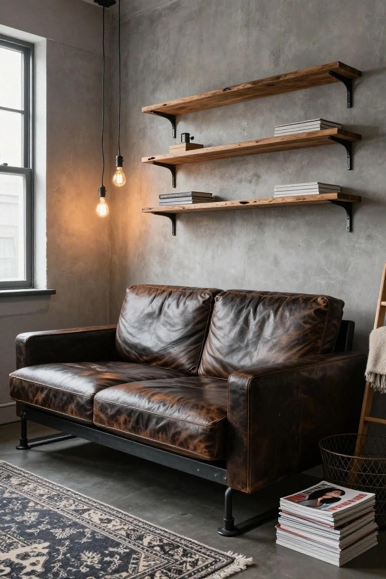 Corner view of an industrial-style room with a brown distressed leather two-seater sofa on black metal legs, wooden floating shelves on a gray concrete wall, hanging bulb lights, a woven basket, stacked magazines, and a black-and-white patterned rug on a concrete floor.