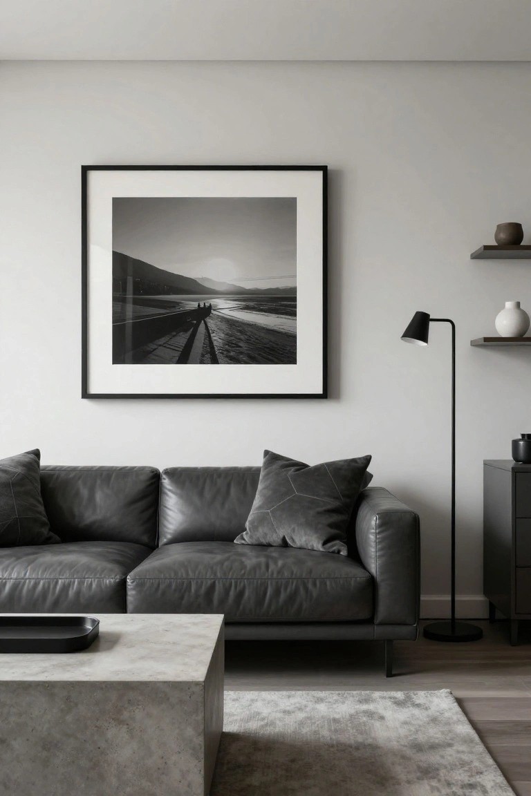 Modern living room with dark gray leather sofa accented by gray textured pillows, concrete coffee table, black-framed large black-and-white landscape photograph on light gray wall, black floor lamp, shelves with ceramics, and light wood floor with gray rug.