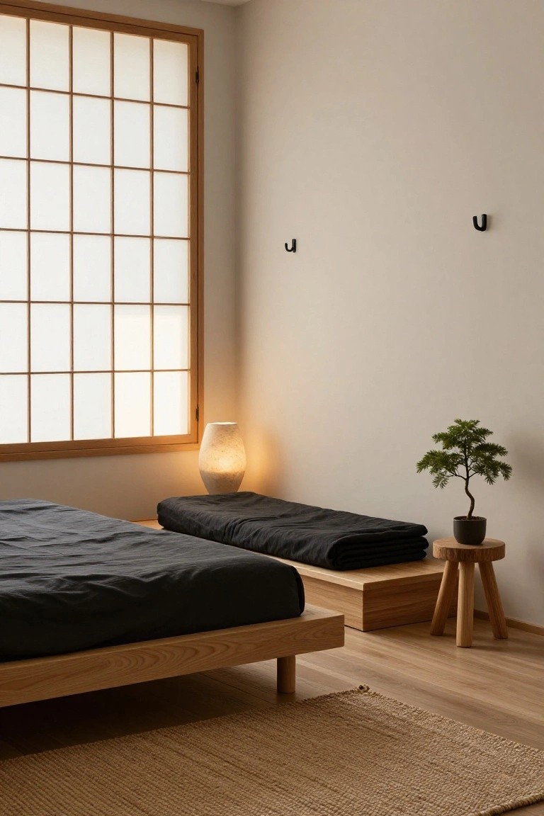 Minimalist bedroom with low wooden platform bed draped in black linens, adjacent low black-covered bench, shoji screen window, textured ceramic lamp, bonsai tree on wooden stool, wooden stool, beige walls, and light wood flooring with seagrass rug.