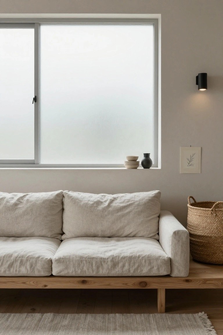 A low wooden frame sofa with beige linen cushions sits in a neutral-toned room beside a large frosted sliding window with stacked ceramic bowls, a black vase, and a line drawing on the sill, plus a wicker basket and beige rug on the floor.