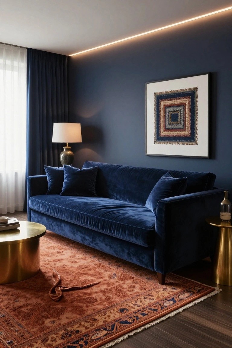 A deep navy velvet sofa with matching pillows sits on a terracotta patterned rug in a navy blue room featuring white sheer curtains, a brass coffee table, gold side tables with lamps, and an abstract framed textile artwork on the wall.