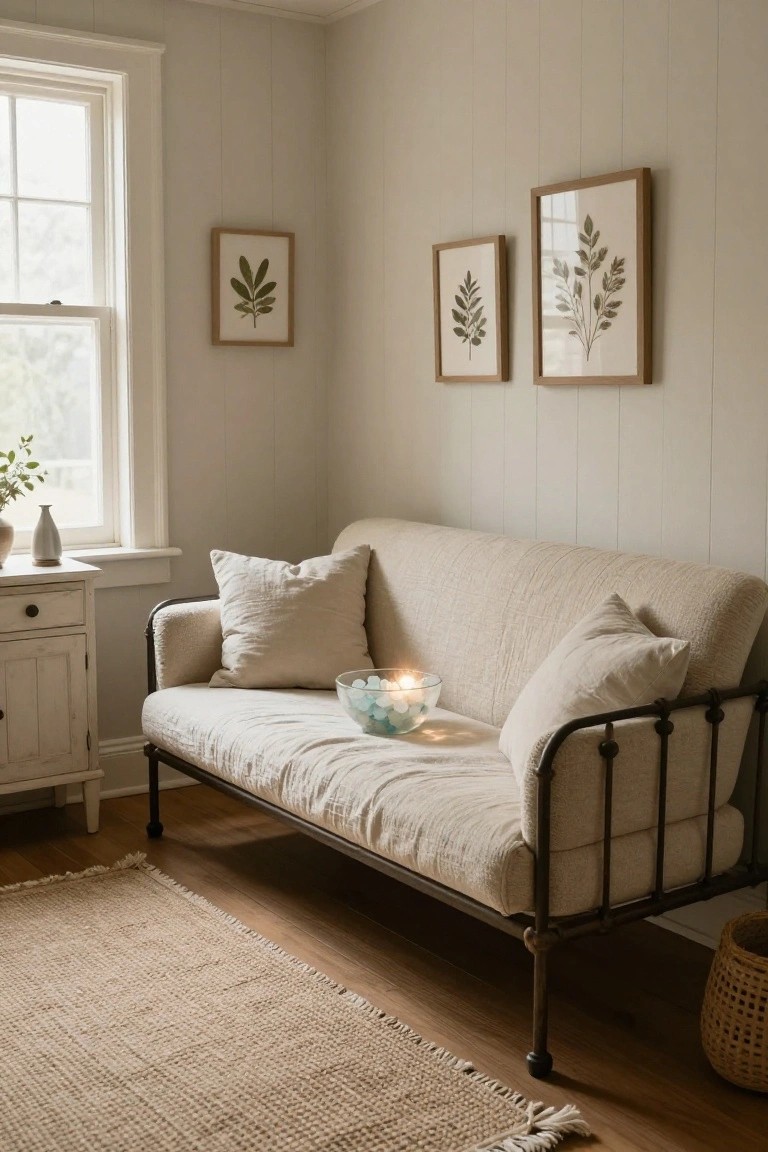 Beige linen-upholstered sofa bed with black metal frame in a light gray bedroom corner, white side table with vase nearby, botanical leaf prints on walls, seagrass rug on wood floor, and woven basket in foreground.