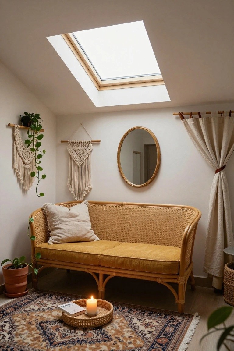 Small interior room featuring a curved yellow rattan sofa on a patterned rug, with plants, macrame hangings, round mirror, curtains, skylight, and candle in a basket.