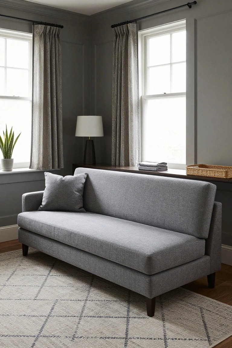 Gray sofa with pillows on patterned rug in a bright gray room.