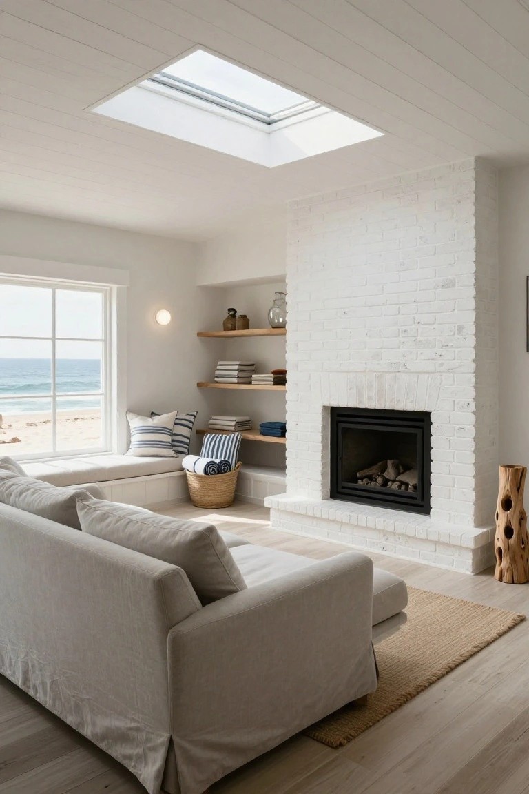 Light gray slipcovered sectional sofa in a bright living room with white brick fireplace, window seat with blue pillows and basket overlooking ocean beach, skylight, and wooden stool.