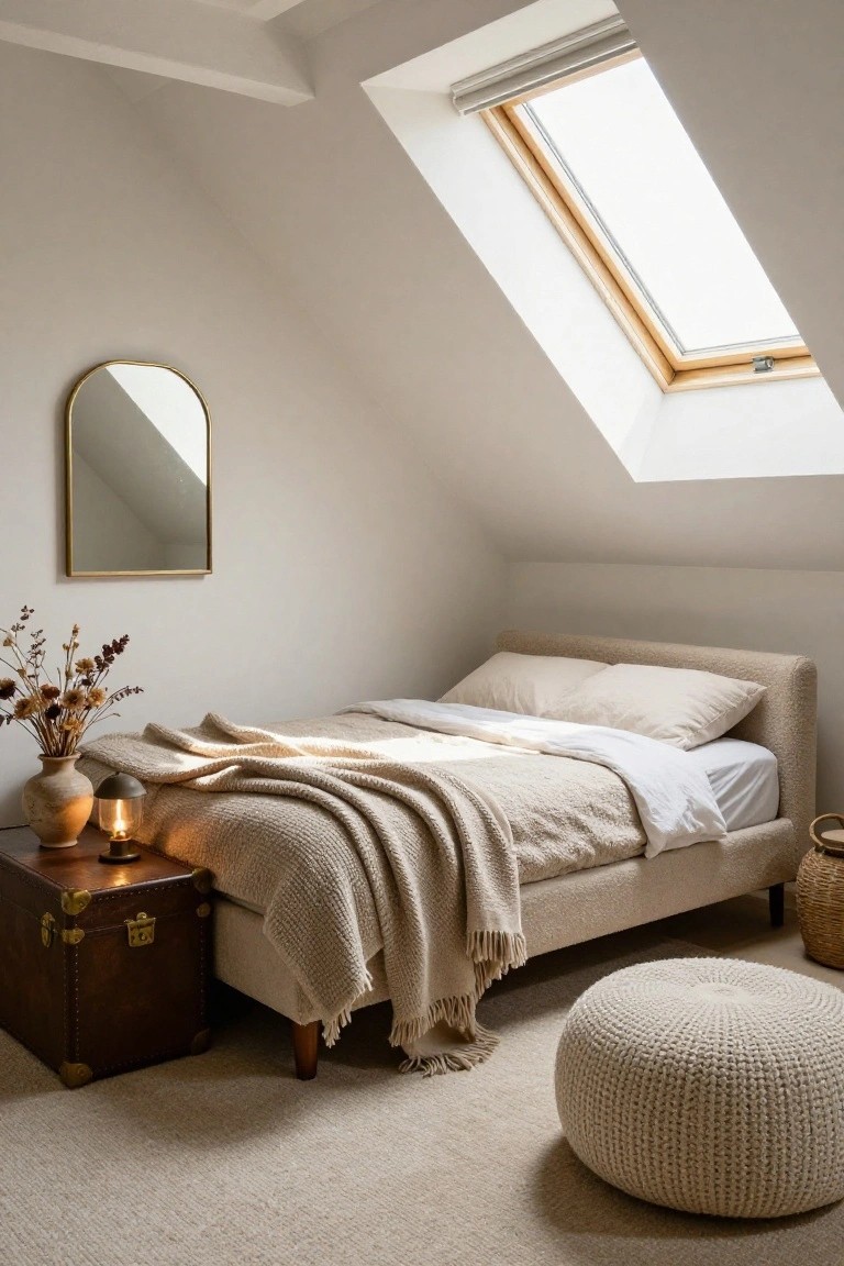 Attic bedroom featuring a low beige upholstered bed with white bedding and cream throw, wooden trunk nightstand with candle and vase of dried flowers, gold arched mirror on wall, white knit pouf on beige carpet, and skylights in slanted white ceiling.