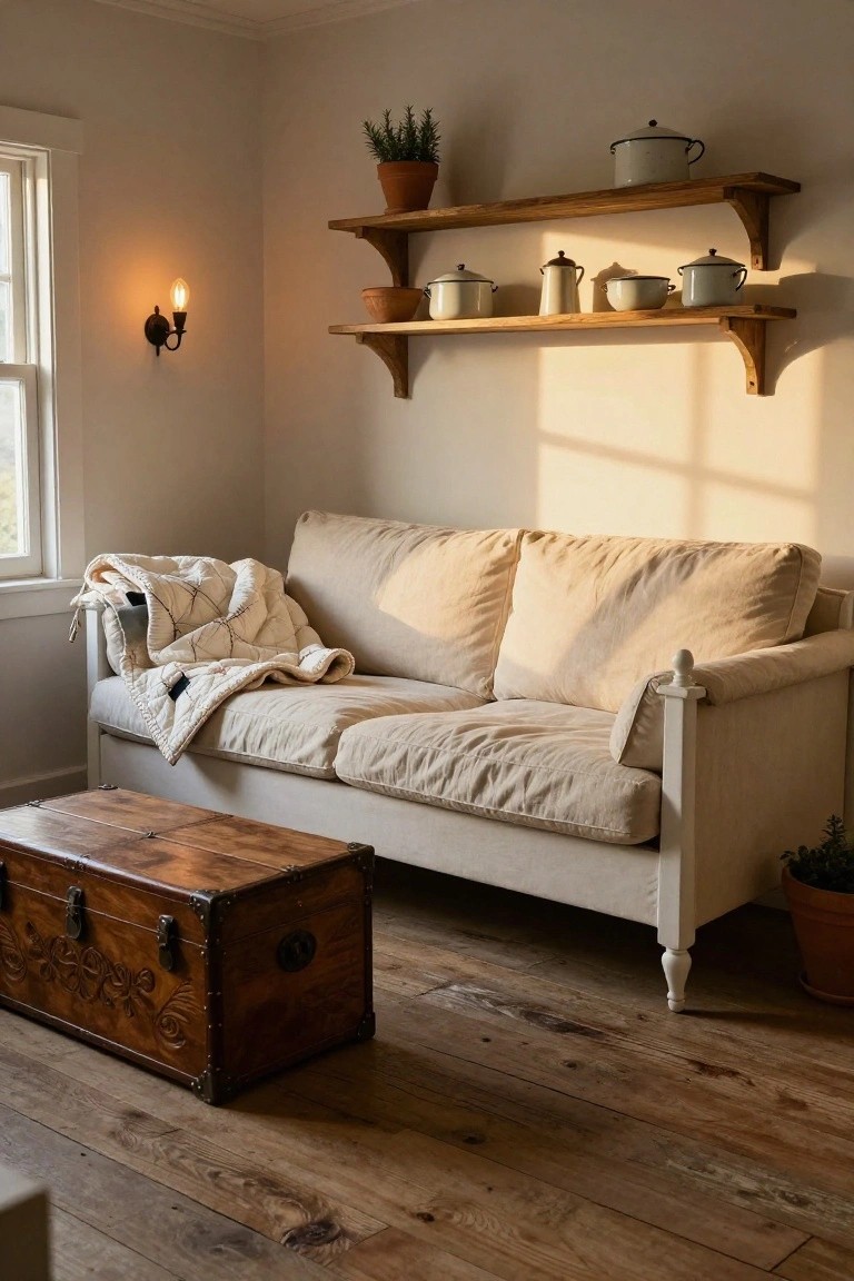 Cream slipcovered sofa with a quilt draped over one arm facing a wooden trunk on hardwood floors, wooden shelves above holding enamel pots and plants, warm light from window and wall lamp.
