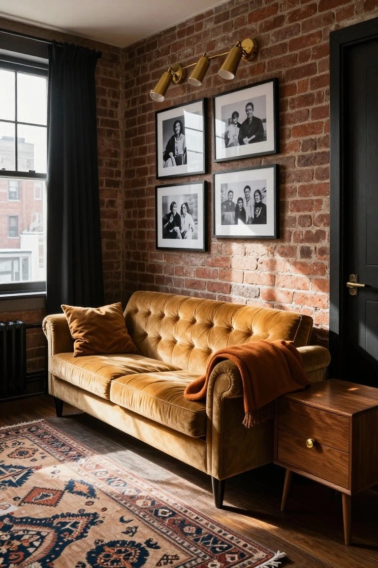 Mustard tufted velvet sofa with orange throw and pillows in a room with exposed brick wall, black-framed photos, wooden side table, black curtains on window, and patterned rug on wood floor.