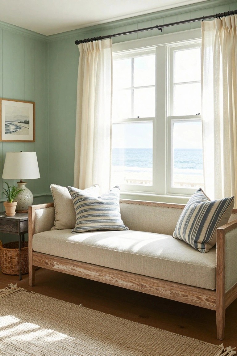 Light beige linen sofa with wooden frame and blue-white striped pillows in a mint green paneled bedroom corner, side table with white lamp and plant, large windows with white curtains overlooking ocean, beige rug on wood floor.