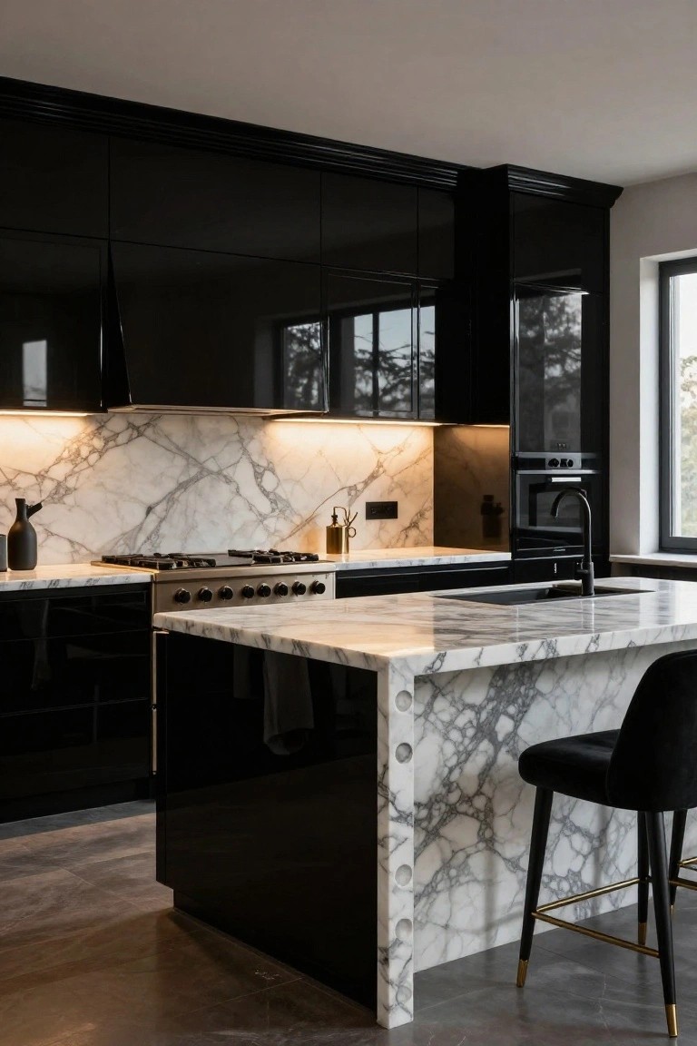 Modern kitchen interior with glossy black cabinets, white veined marble countertops and backsplash, gas range oven, black sink faucet, and black upholstered bar stools at a curved marble island.