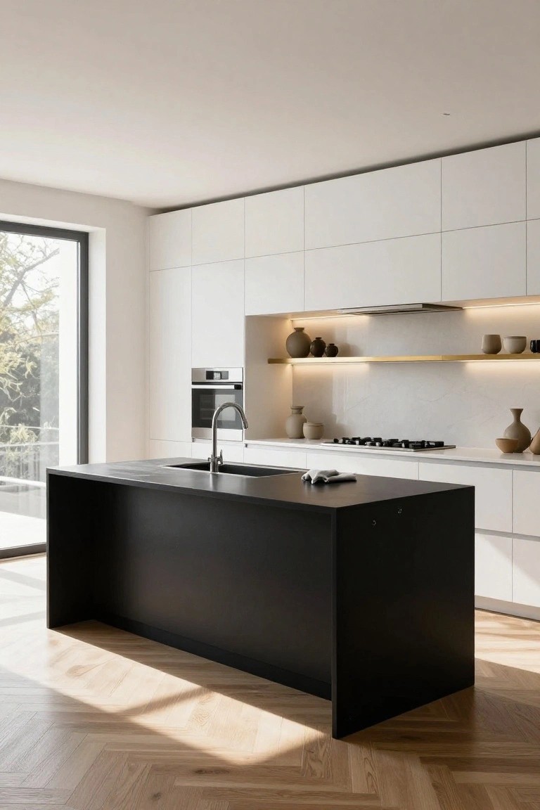 Modern kitchen interior featuring white flat-panel cabinets, a large black central island with sink, gas cooktop on white counters, open shelves with ceramic pots, and a large window with view of trees and balcony.