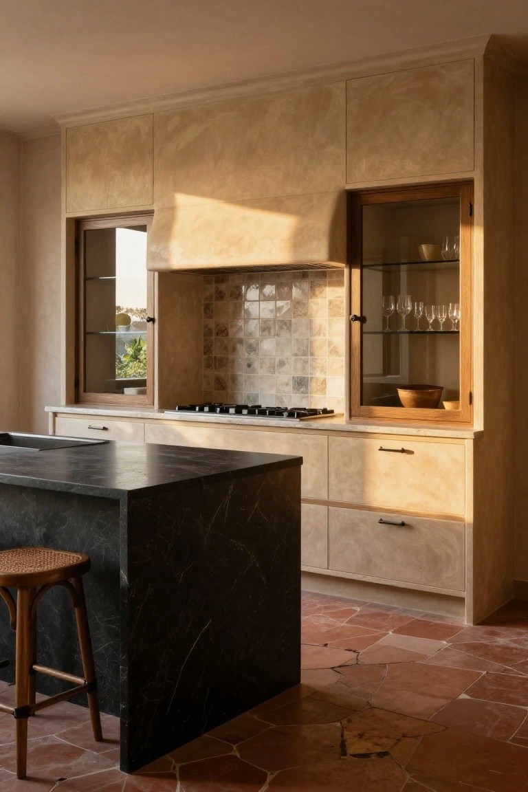 Kitchen interior with beige textured cabinets and walls, central black marble island topped with sink and rattan stool, glass-fronted wooden display cabinets above gas cooktop, and irregular terracotta tile floor.