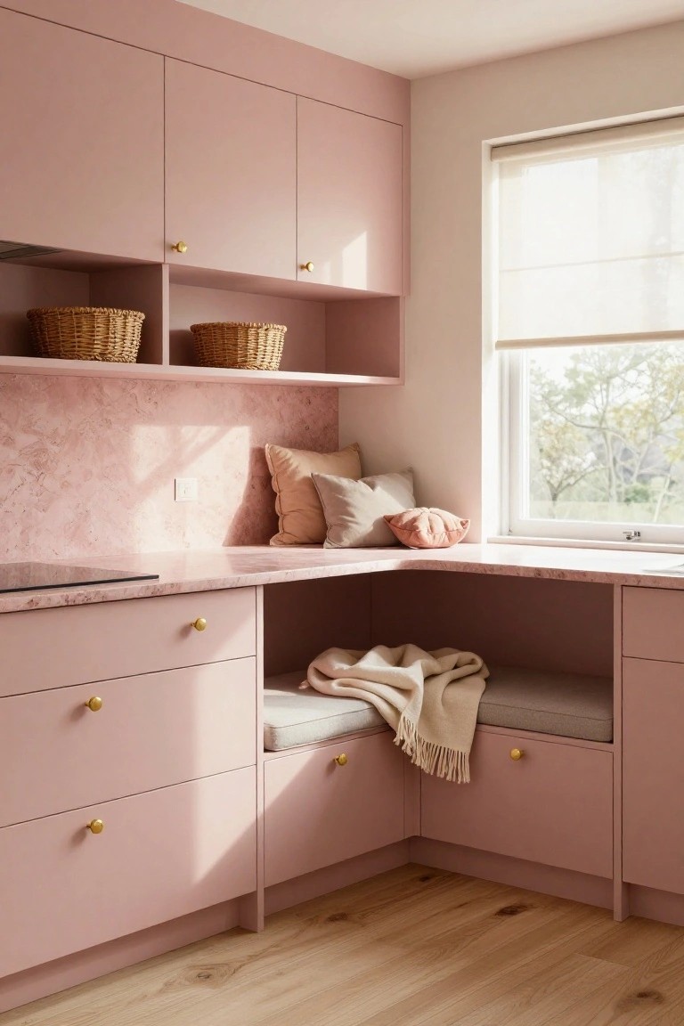 Corner kitchen with blush pink cabinets and drawers featuring gold knobs, integrated bench seating with beige cushion and cream throw blanket, pink veined countertops, woven baskets on open shelves, and window with sheer blind overlooking trees.