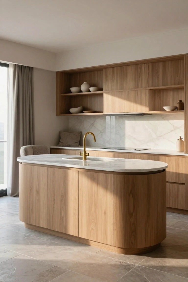 Modern kitchen interior with curved oak wood island featuring white marble countertop and gold faucet, open wood shelving, marble backsplash, and large window with sheer curtains.