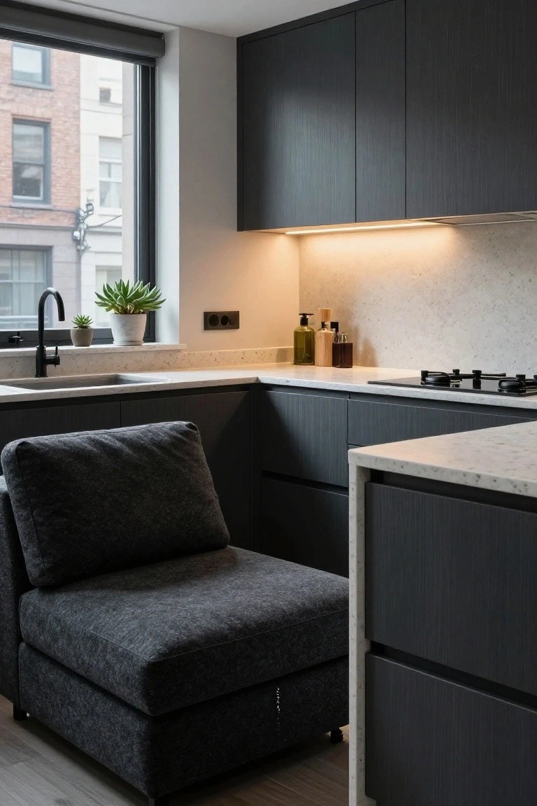 Modern L-shaped kitchen featuring dark matte cabinets, white veined quartz countertops and backsplash, black gas stove, stainless sink, potted plants on windowsill, and a low grey armchair at the island end.