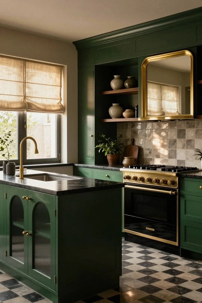 Kitchen interior with dark green painted cabinets, brass hardware and appliances, black countertops, gold-framed mirror above shelves, and black-and-white checkered tile floor.