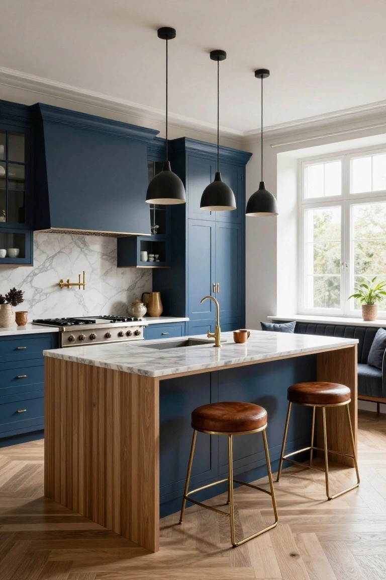 Kitchen interior with navy blue cabinets, white marble countertops and backsplash, wooden island with leather stools, brass faucet, gas range, black pendant lights, and a window bench seat.