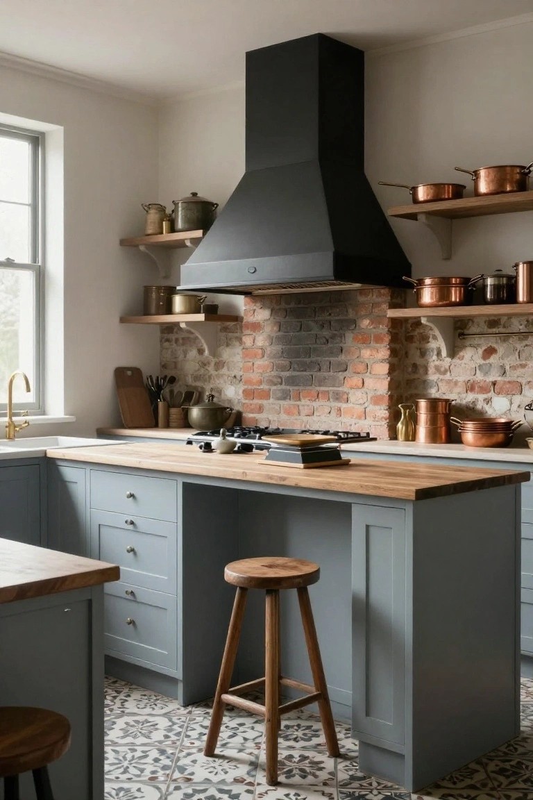 Kitchen with exposed brick backsplash behind gas range under black hood, blue shaker cabinets, oak countertops on island, copper pots on wooden shelves, wooden stools, and tiled floor.